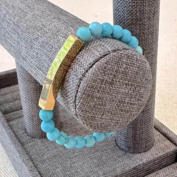 Natural Turquoise Beaded 18k PVD Stainless Steel Bar Stretch Bracelet Waterproof - Picture 3 of 6